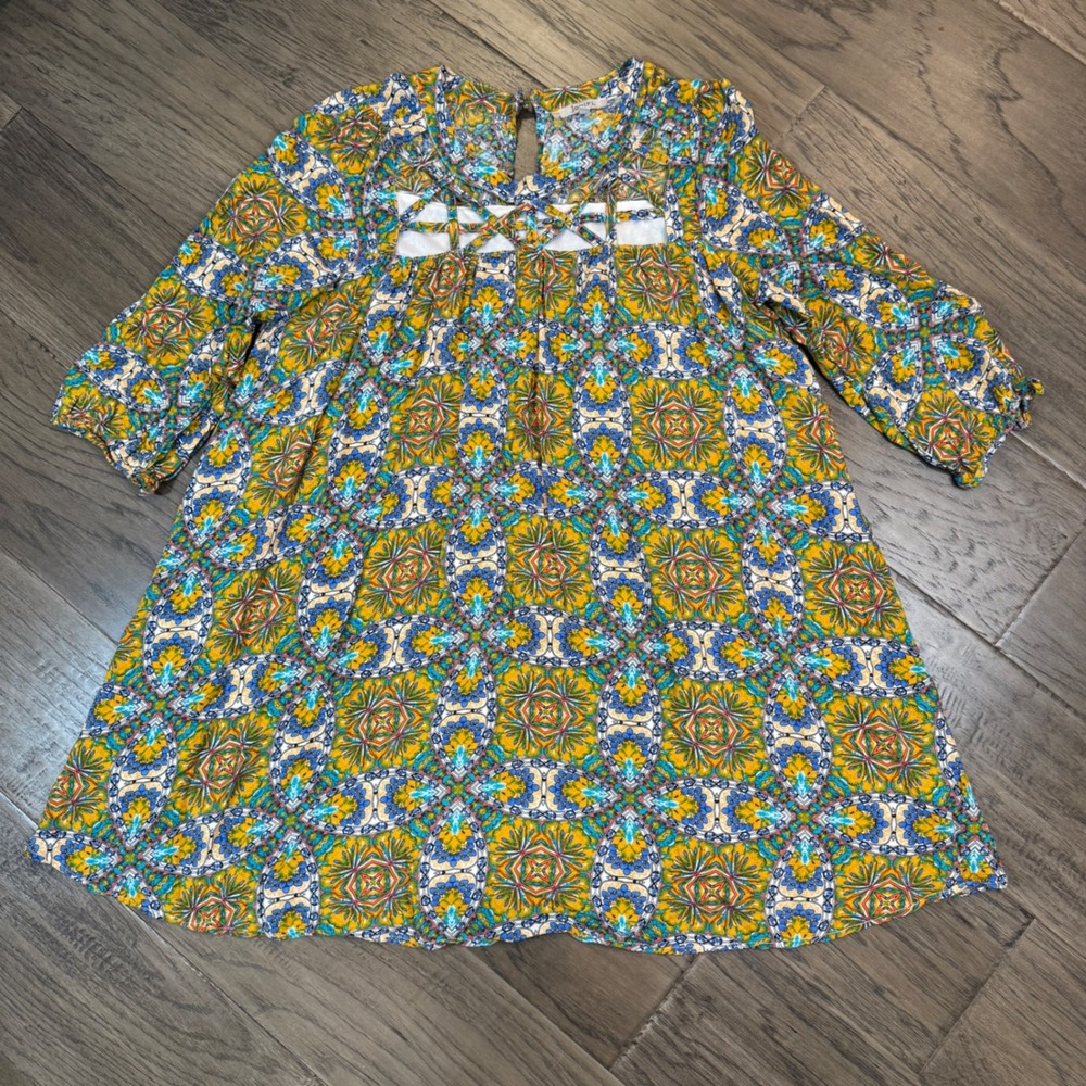JODIFL Women's Dress Size L‎ Yellow Blue Floral Print 3/4 Sleeve Casual